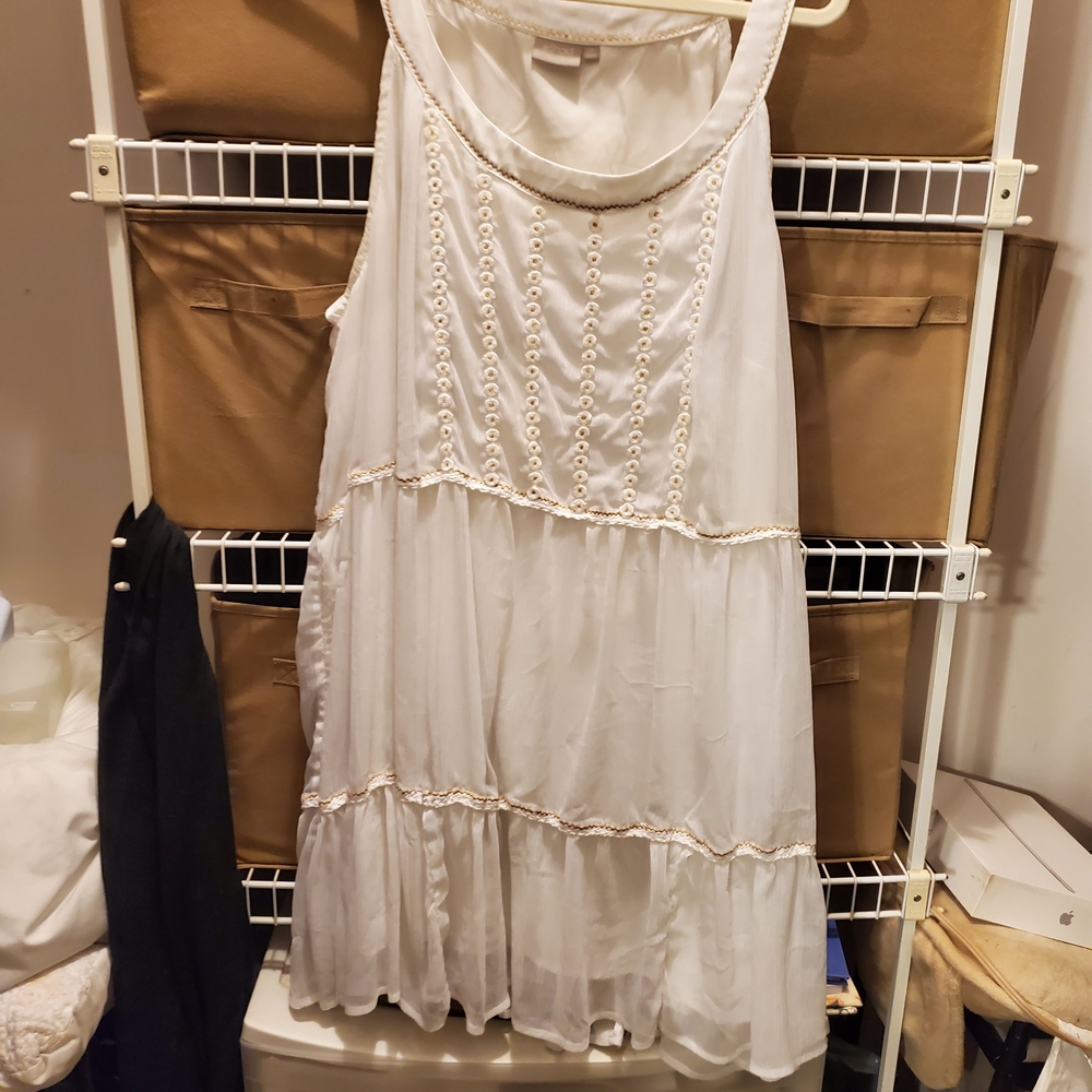 eshakti White Sleeveless Tiered Mini Dress with Crochet Trim